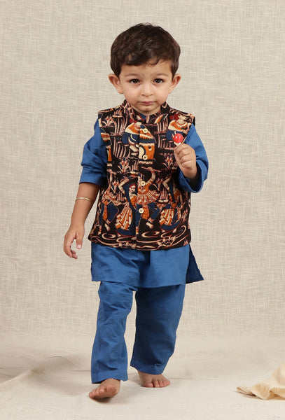 Set of 3 - Fred Blue Jacket with White Kurta Pyjama Set – TJORI