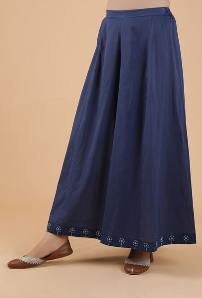 Aadhila Indigo Solid Blue Flared Kalidar Palazzo Pants With Print