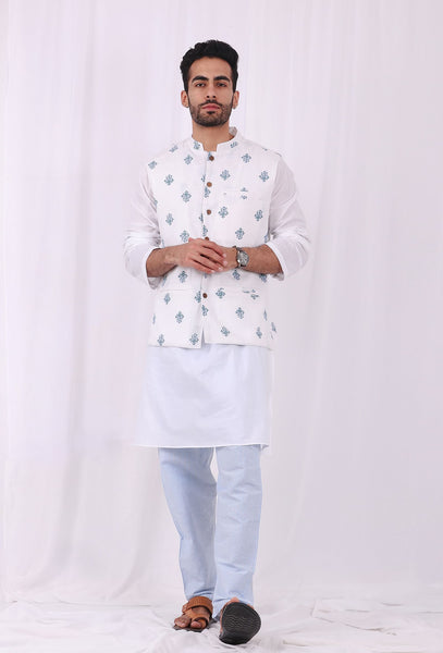 Set of 3 - Fred Blue Jacket with White Kurta Pyjama Set – TJORI