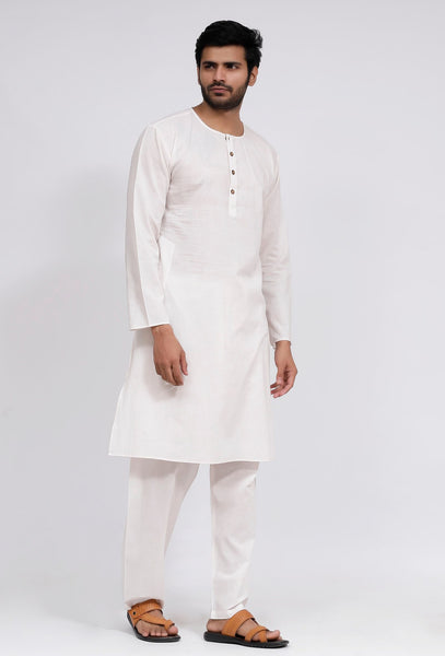 Set of 2 White Plain Cotton Button Down Kurta and Pajama TJORI