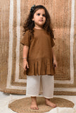 Set Of 2: Brown Mul Mul Kurta With Off-White Pants