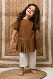 Set Of 2: Brown Mul Mul Kurta With Off-White Pants