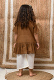 Set Of 2: Brown Mul Mul Kurta With Off-White Pants