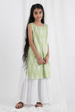 Set Of 2: Green Ikat Straight Cotton Kurta & White Sharara Pant