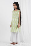 Set Of 2: Green Ikat Straight Cotton Kurta & White Sharara Pant