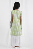 Set Of 2: Green Ikat Straight Cotton Kurta & White Sharara Pant