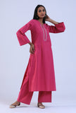 Pink Cotton Kurta With Embroidery on Neckline