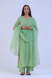 Set Of 3: Green Cotton Kurta with Pant & Dupatta Set