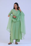 Set Of 3: Green Cotton Kurta with Pant & Dupatta Set