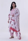 Set Of 3: White Cotton Block Printed With Red Motif Kurta, Pant & Dupatta