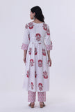 Set Of 3: White Cotton Block Printed With Red Motif Kurta, Pant & Dupatta