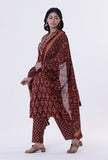 Set Of 3: Red & Multicolor Cotton Block Printed Kurta, Pant & Dupatta