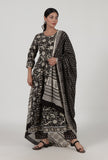 Set Of 3: Ajrakh Printed Black Cotton Anarkali, Pant & Dupatta Set