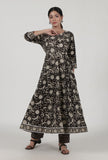 Set Of 3: Ajrakh Printed Black Cotton Anarkali, Pant & Dupatta Set