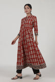 Ajrakh Printed Red Cotton Anarkali With White Motif