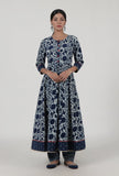 Set Of 3: Indigo Printed Blue Cotton Anarkali, Pant & Dupatta Set