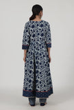 Set Of 3: Indigo Printed Blue Cotton Anarkali, Pant & Dupatta Set