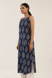 Sleeveless blue cotton slip with motifs