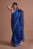 Blue Color Cotton Linen Saree With Unstitched Blouse