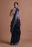 Navy Blue Color Cotton Linen Saree With Unstitched Blouse