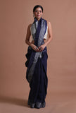 Navy Blue Color Cotton Linen Saree With Unstitched Blouse