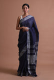 Navy Blue Color Cotton Linen Saree With Unstitched Blouse