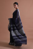 Navy Blue Color Cotton Linen Saree With Unstitched Blouse