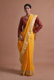 Yellow Color Cotton Linen Saree With Unstitched Blouse