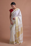 White Color Cotton Linen Saree With Unstitched Blouse