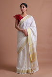 White Color Cotton Linen Saree With Unstitched Blouse