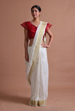 White Color Cotton Linen Saree With Unstitched Blouse