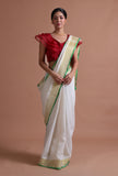 White Color Cotton Linen Saree With Unstitched Blouse