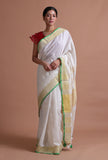 White Color Cotton Linen Saree With Unstitched Blouse