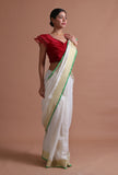 White Color Cotton Linen Saree With Unstitched Blouse