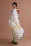 White Color Cotton Linen Saree With Unstitched Blouse