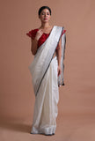 White Color Cotton Linen Saree With Unstitched Blouse