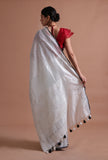 White Color Cotton Linen Saree With Unstitched Blouse