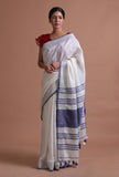 White & Blue Color Cotton Linen Saree With Unstitched Blouse