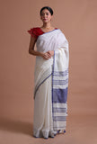 White & Blue Color Cotton Linen Saree With Unstitched Blouse