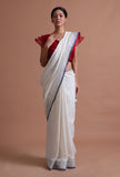 White & Blue Color Cotton Linen Saree With Unstitched Blouse