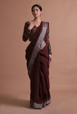 Brown Color Cotton Linen Saree With Unstitched Blouse