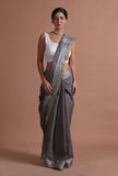 Grey Color Cotton Linen Saree With Unstitched Blouse