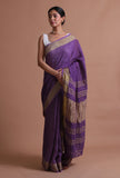 Dark Purple Color Cotton Linen Saree With Unstitched Blouse