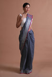 Grey & Pink Color Cotton Linen Saree With Unstitched Blouse