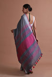 Grey & Pink Color Cotton Linen Saree With Unstitched Blouse