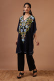 Navy Blue Cotton Crush Ari Embroidered Kaftan- Free Size