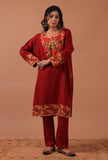 Red Woolen Ari Embroidered Phiran- Free Size