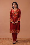 Red Woolen Ari Embroidered Phiran- Free Size