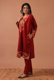 Red Woolen Ari Embroidered Phiran- Free Size