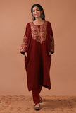 Maroon Woolen Ari Embroidered Phiran- Free Size